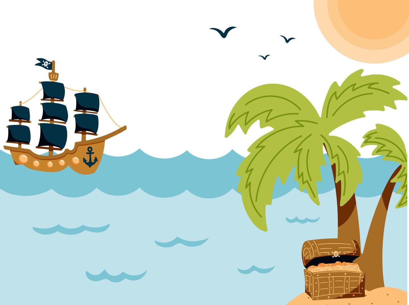 Pirate ship sails towards a desert island with a treasure chest. Adventure concept for children. Vector hand drawn illustration