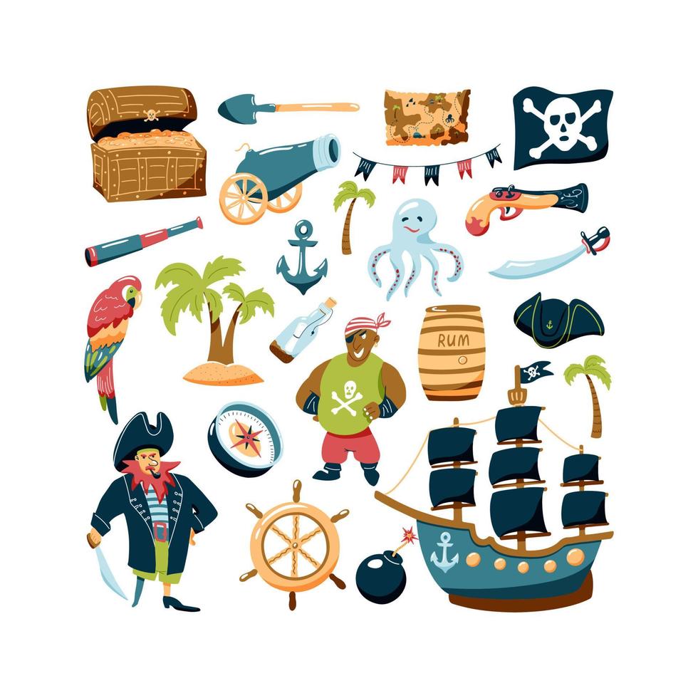 Pirate set of hand drawn elements. Bundle vector design elements for kids' design. Cartoon doodle illustration with characters