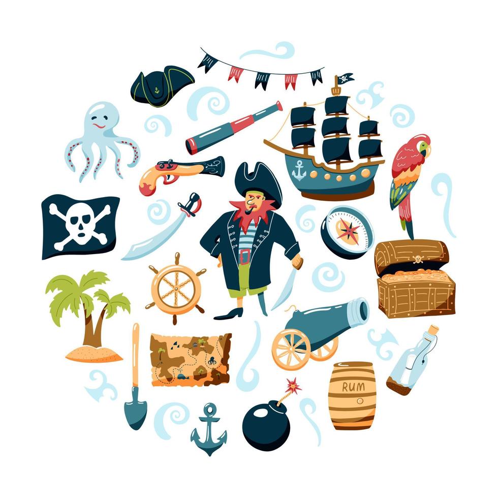 Pirate set of hand drawn elements. Bundle vector design elements for kids' design. Cartoon doodle illustration with characters