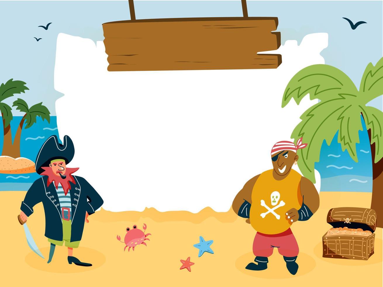 piratas con un cofre de oro en una isla en el mar. Fondo con letrero de madera, plantilla de banner con lugar para texto vector