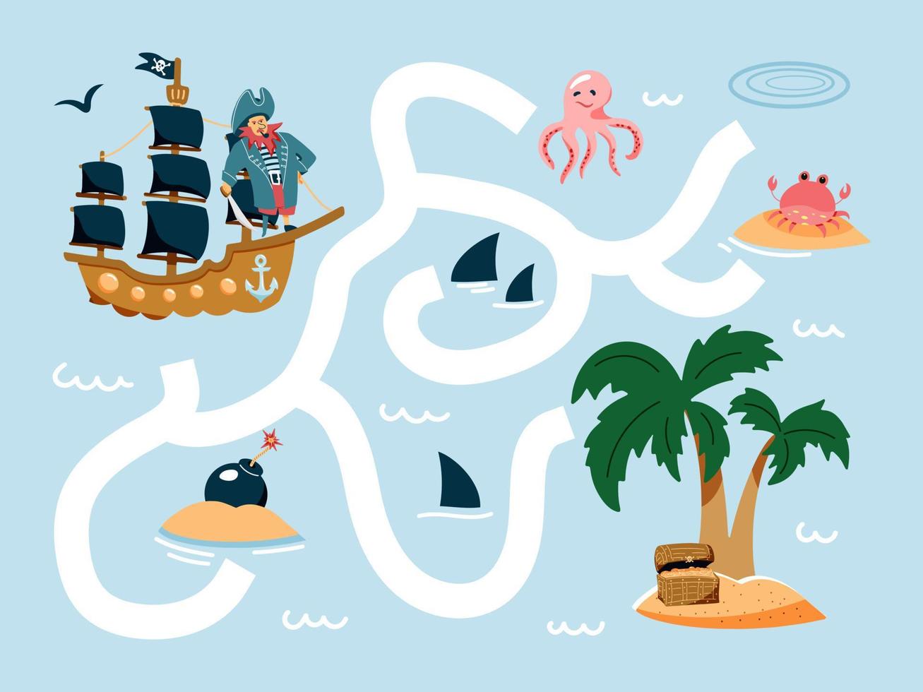 Help the pirate ship find the way to the island. Cute cartoon pirate maze game. Labyrinth. Funny game for children education. Vector illustration