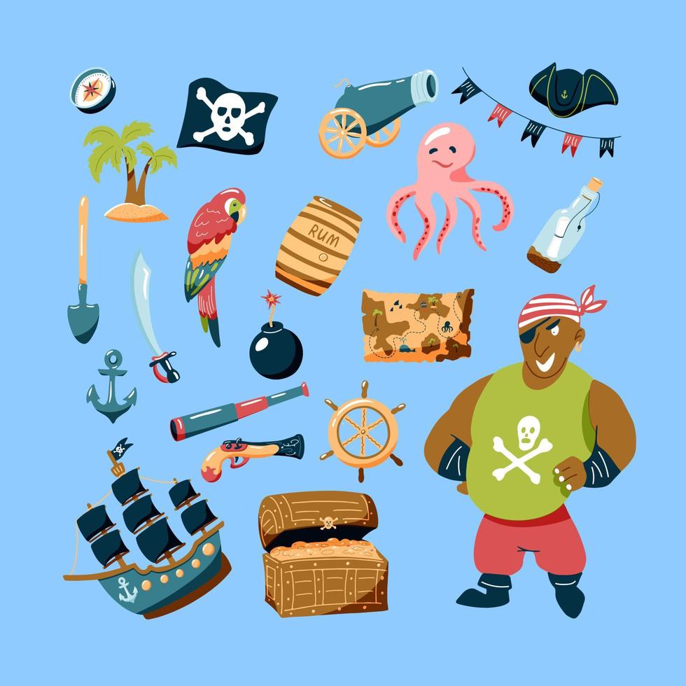 Pirate set of hand drawn elements. Bundle vector design elements for kids' design. Cartoon doodle illustration with characters