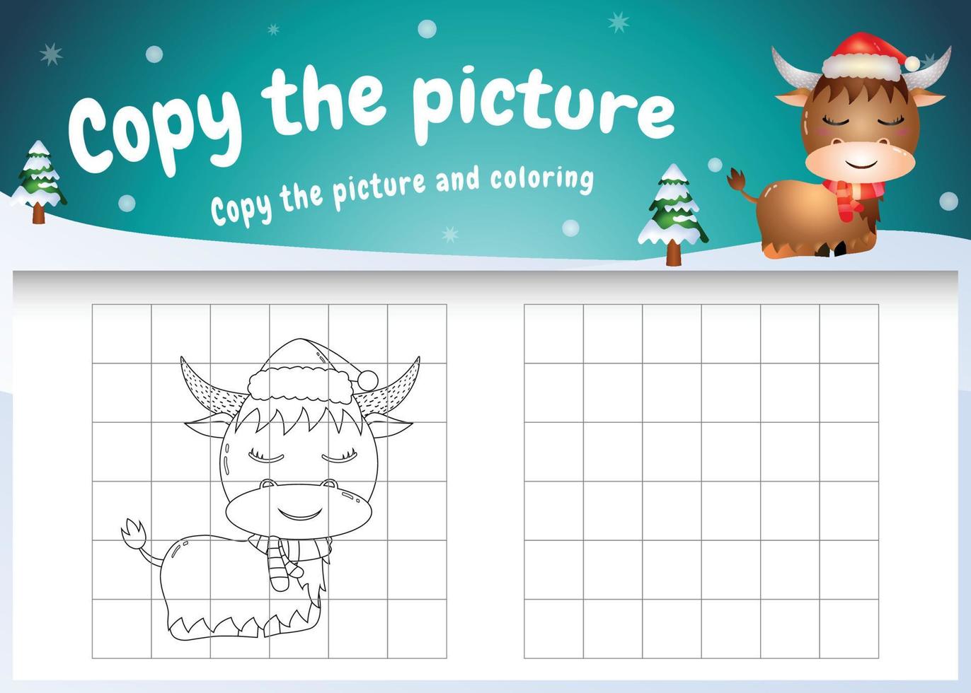 Copy the picture kids game and coloring page with a cute buffalo using christmas costume vector