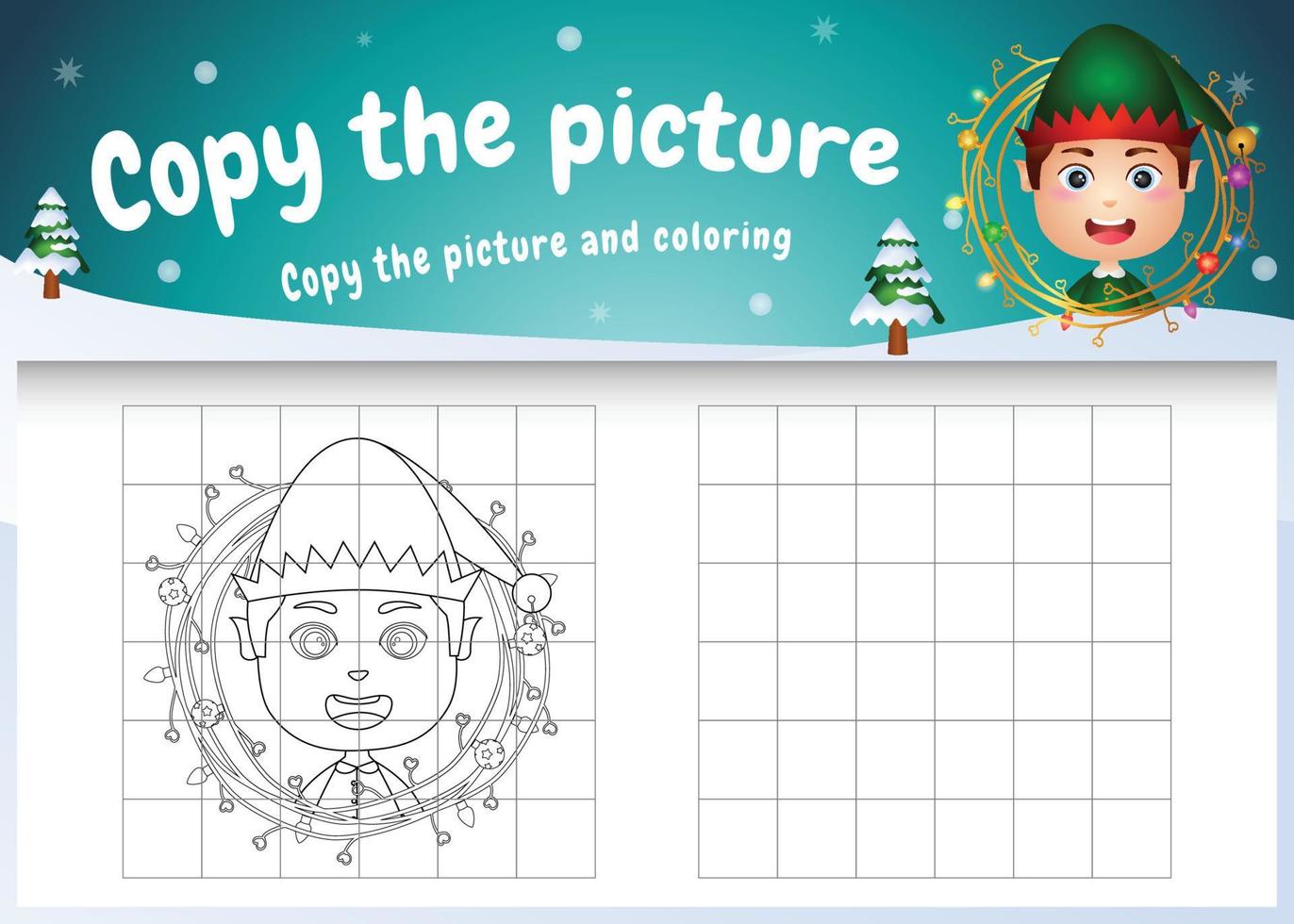 Copy the picture kids game and coloring page with a cute elf boy vector