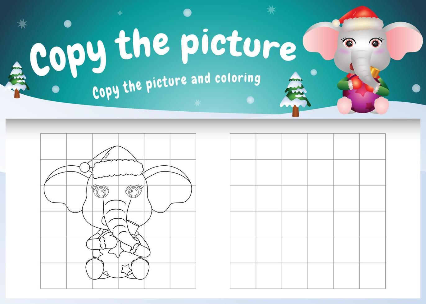 Copy the picture kids game and coloring page with a cute elephant hug ball vector