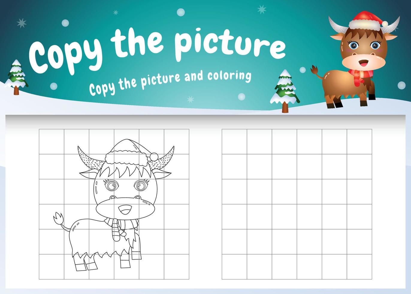 Copy the picture kids game and coloring page with a cute buffalo using christmas costume vector