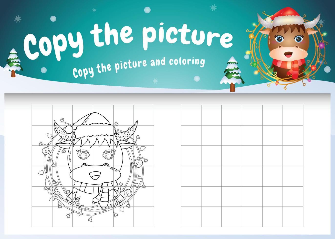 Copy the picture kids game and coloring page with a cute buffalo vector