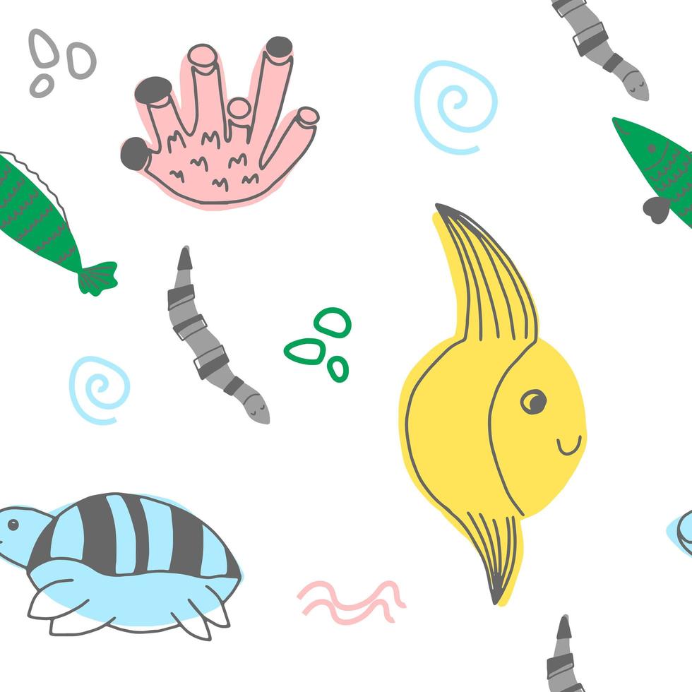 Vector cute seamless pattern with marine animals. Scandinavian motives. Children's print. Hand-drawn illustration.