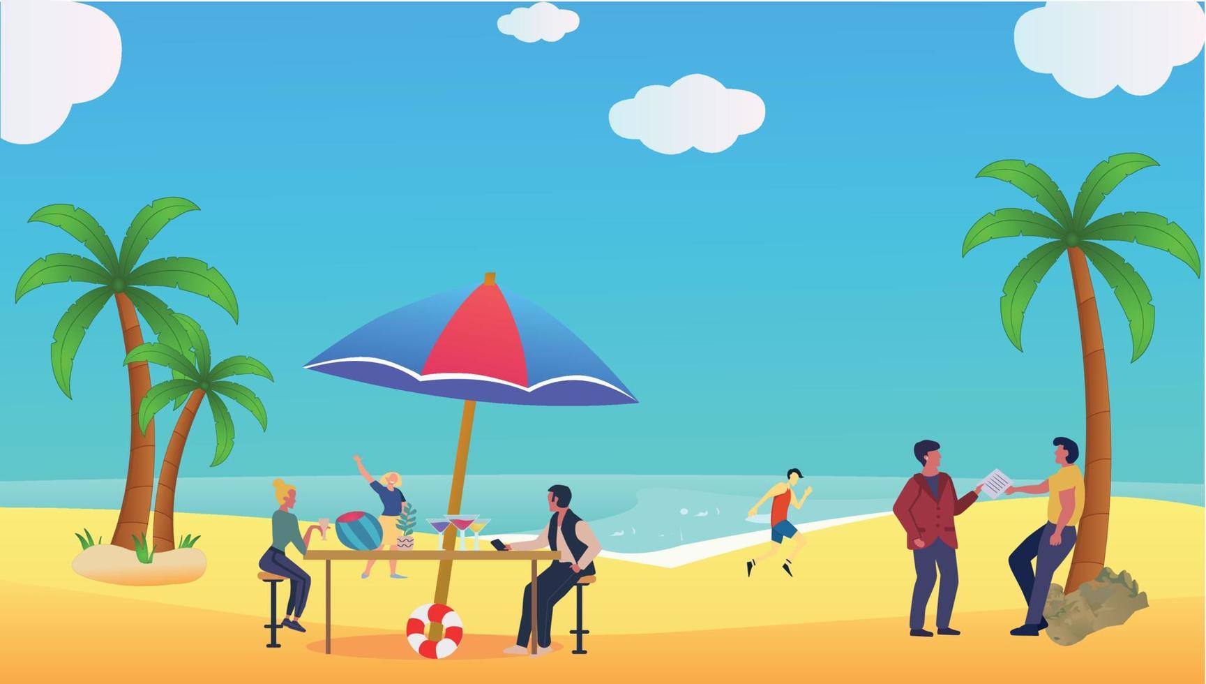 escena de verano, gente disfrutando en una playa ilustraciones vectoriales vector