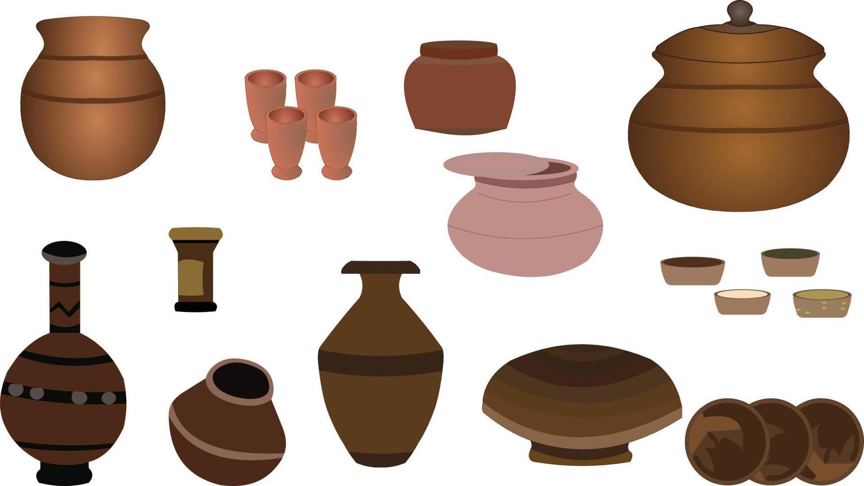 collection of clay pots glass and bottle vector