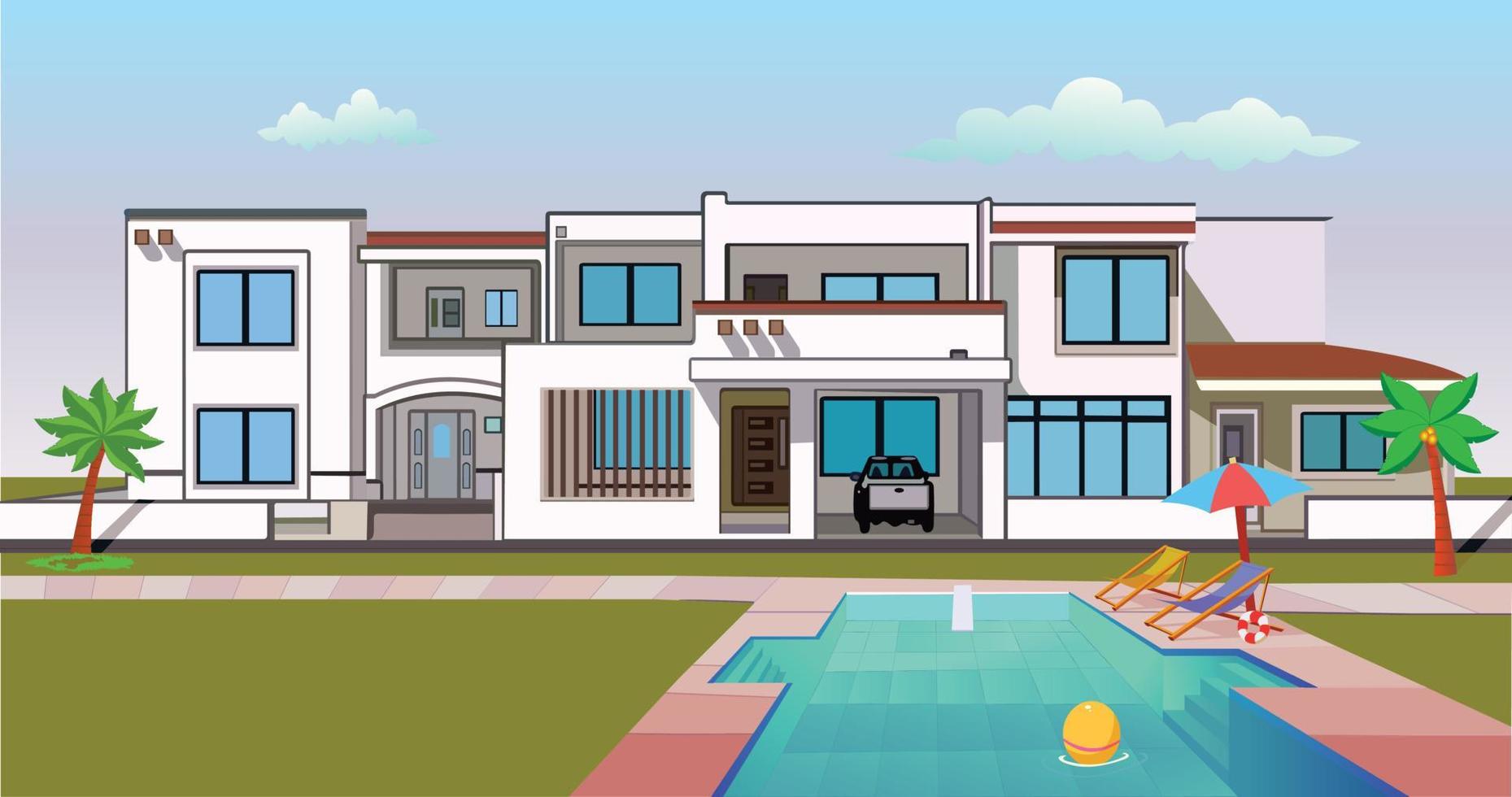 bienes raíces de la casa moderna con piscina en la ilustración de vector de estilo plano.