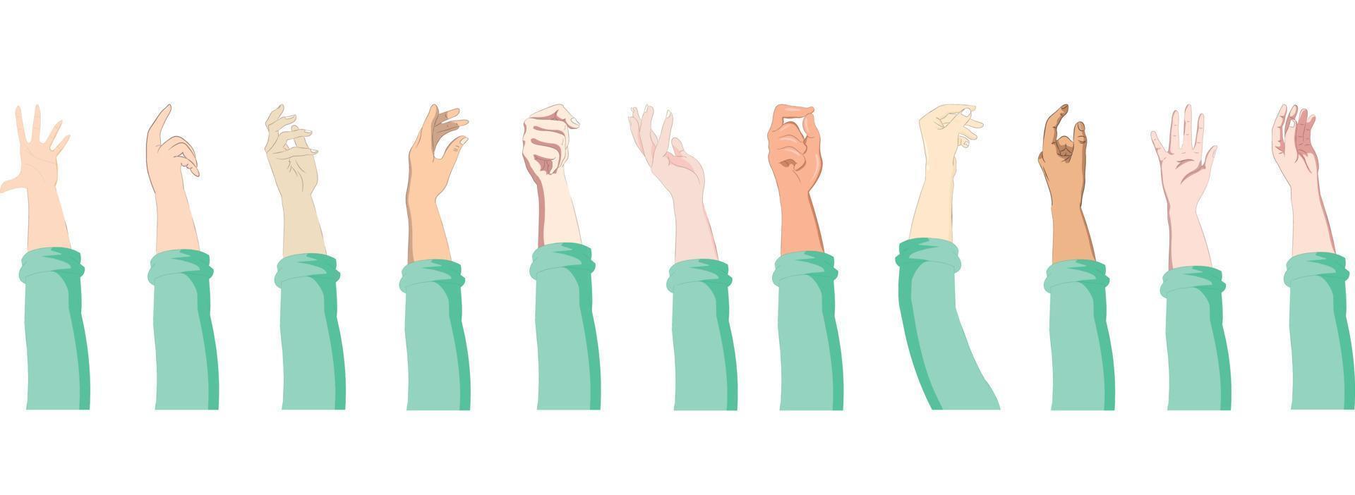 Raised arms of a group of international people, multi cultural people shows community. vector