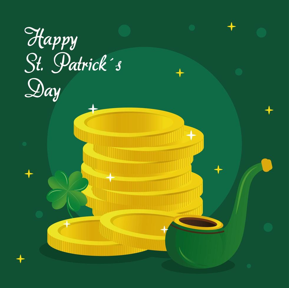 saint patricks day lettering with pipe and coins vector