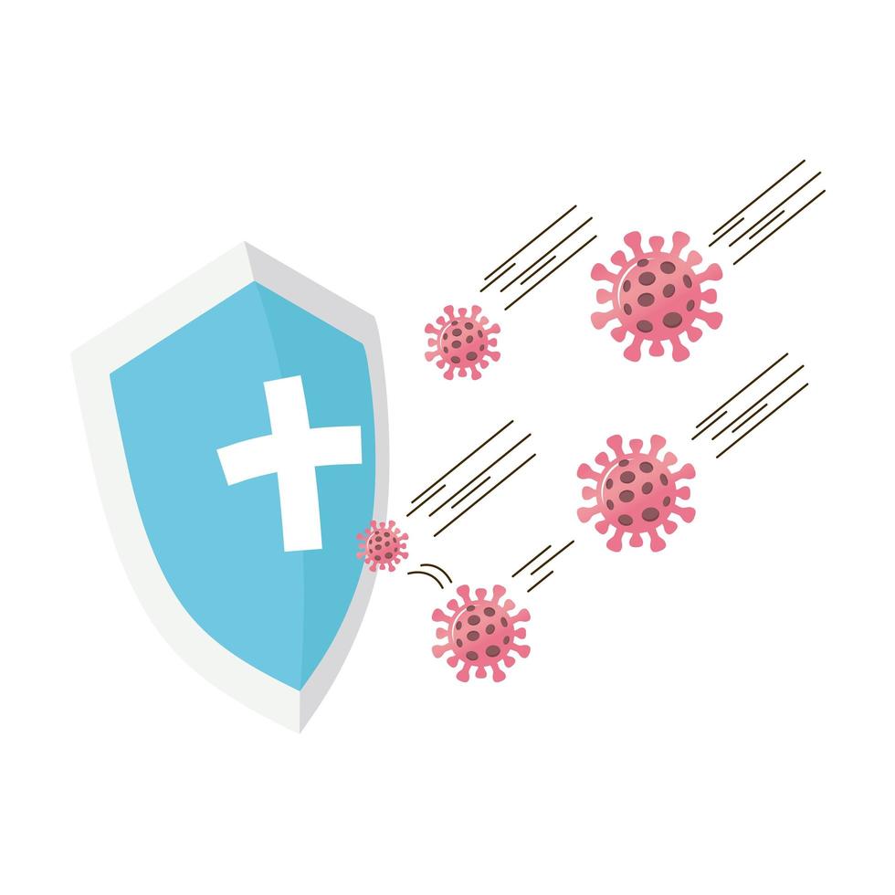 shield with covid19 virus particles vector