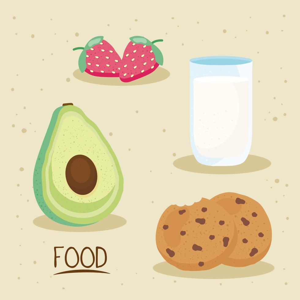 fresh and delicious food and milk icons vector