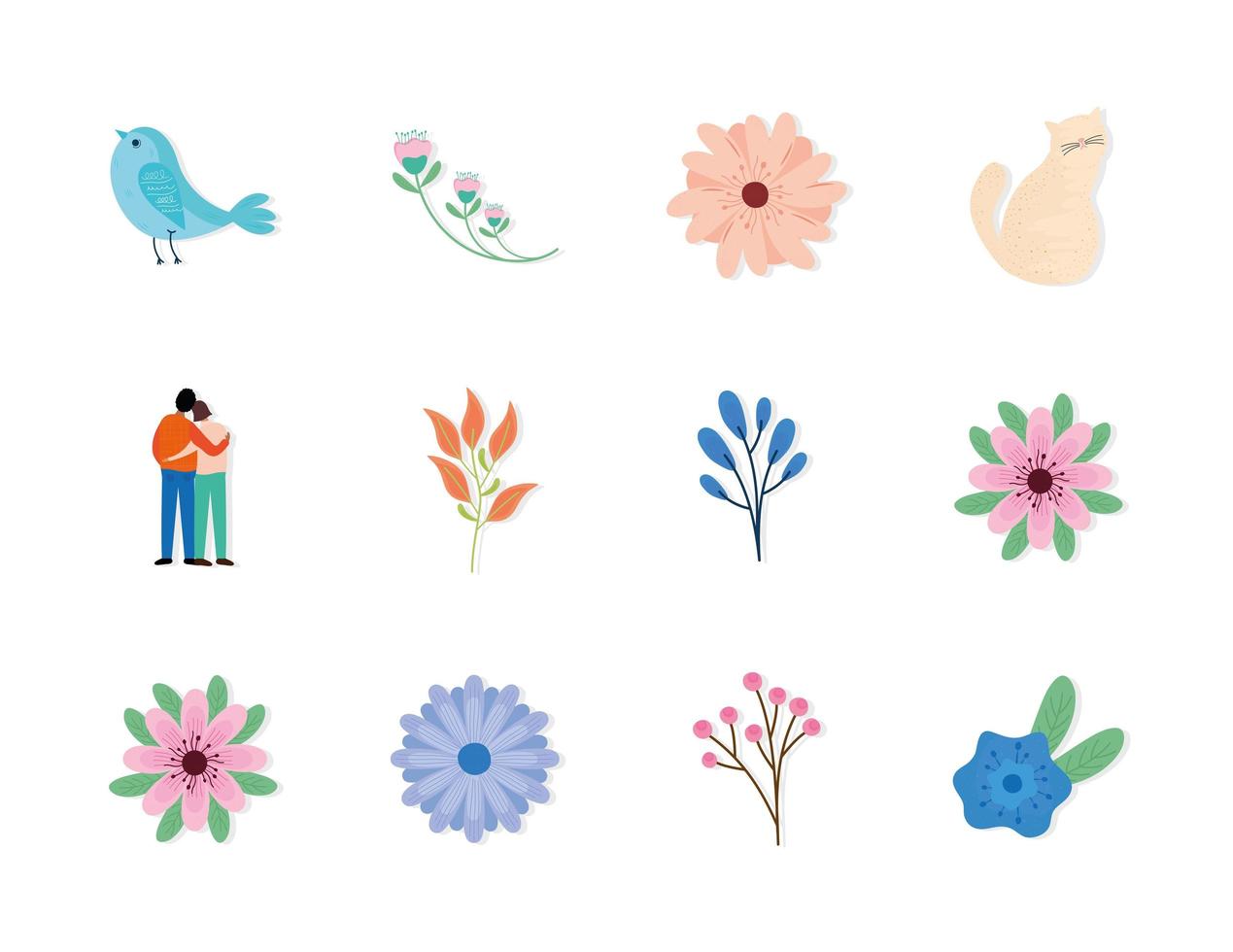 paquete de doce iconos de temporada de primavera vector