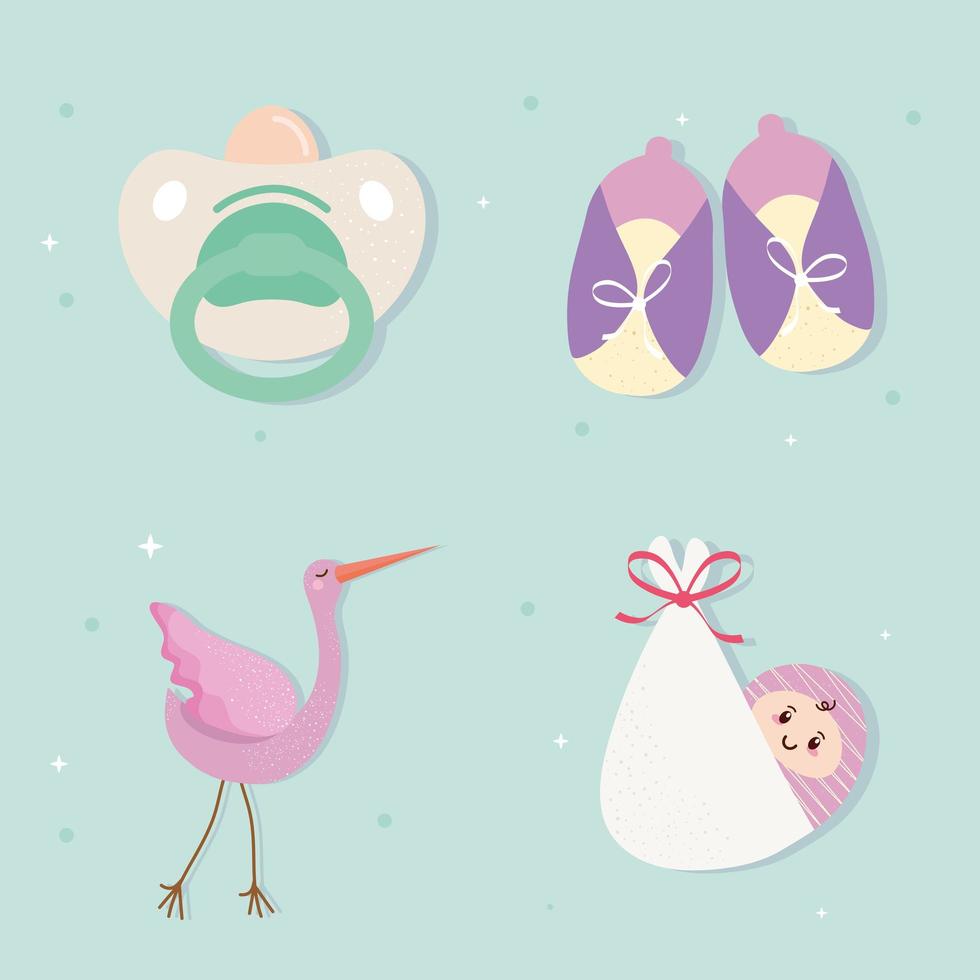 Paquete de cuatro iconos de conjunto de celebración de baby shower vector