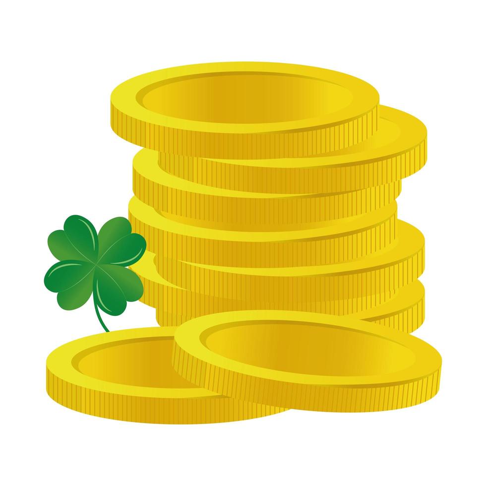 pile coins golden and clover leaf vector