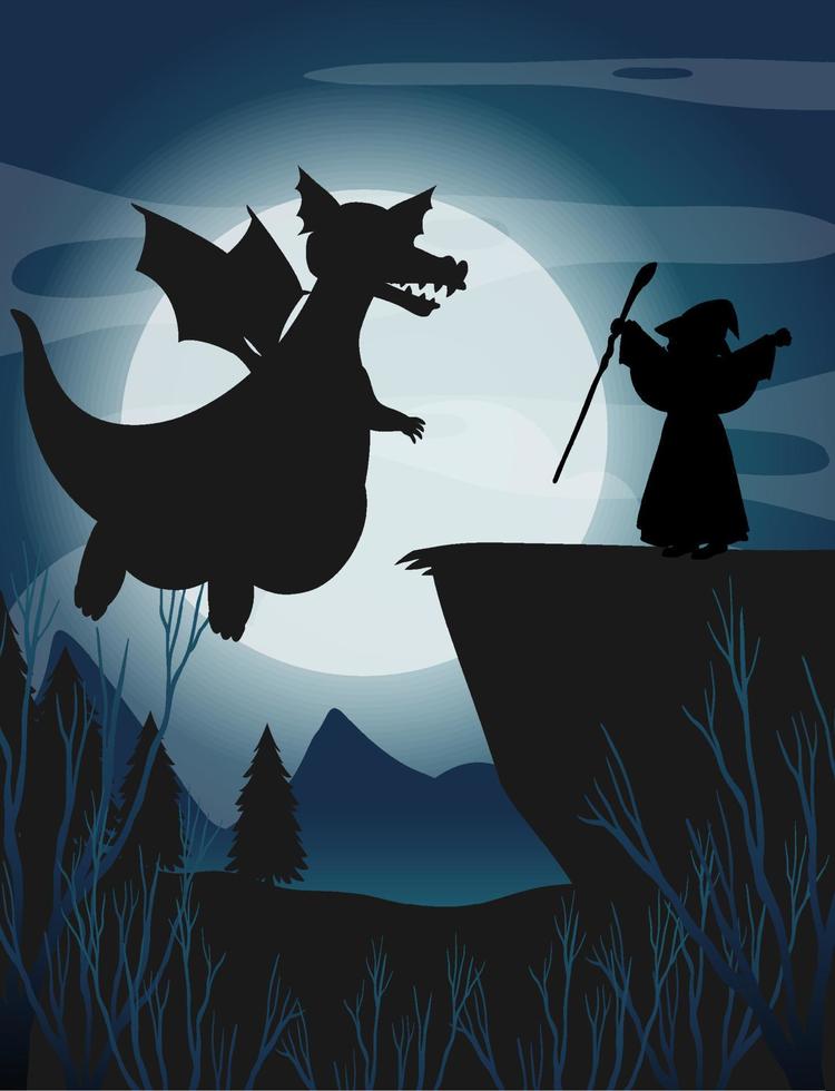 Silhouette dragon with full moon background vector