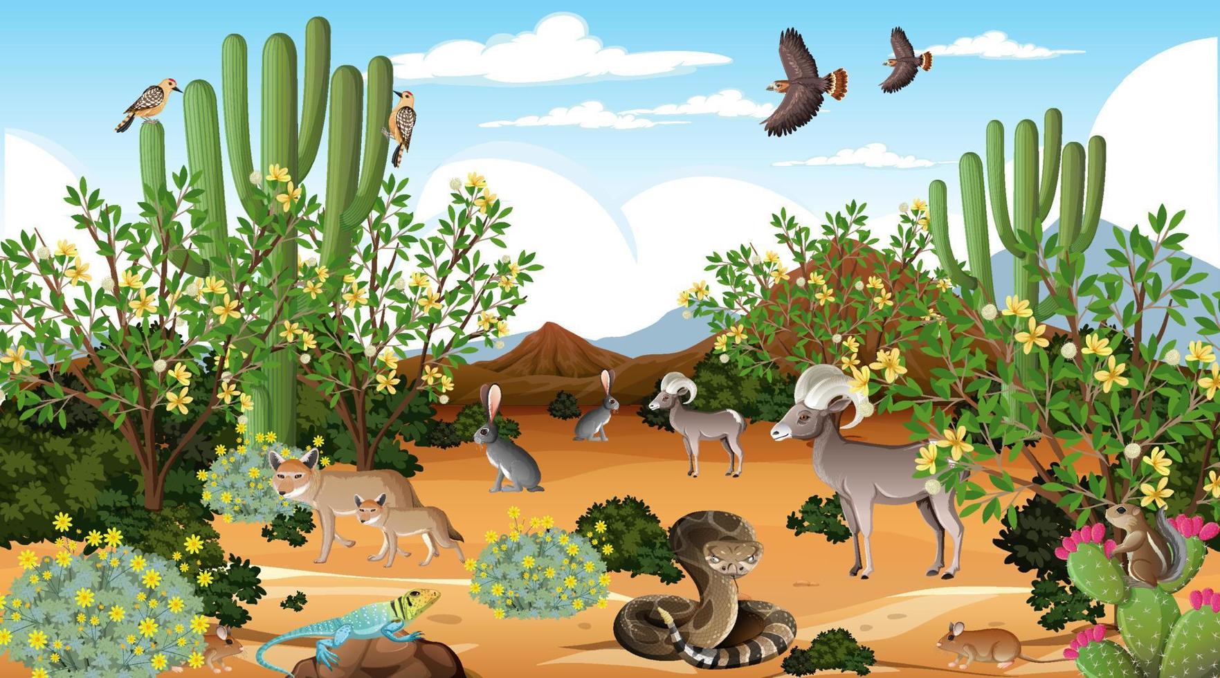 Desert forest landscape at daytime scene with willd animals vector