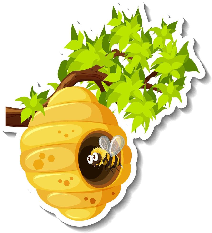 Beehive with little bee cartoon sticker vector