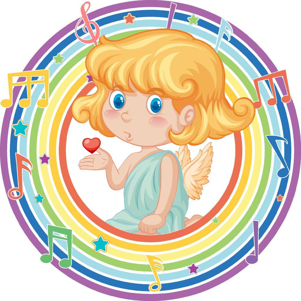 Cupid girl in rainbow round frame with melody symbol vector