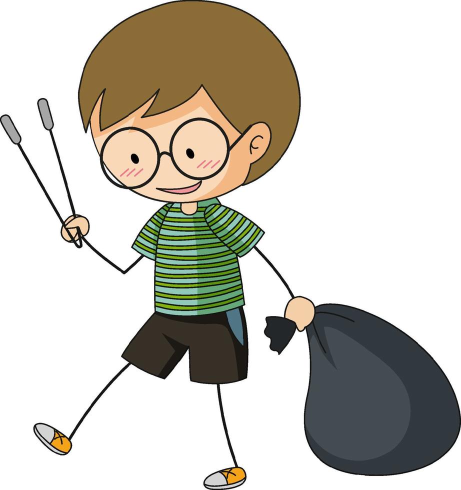 A doodle boy cleaning trash cartoon character isolated vector