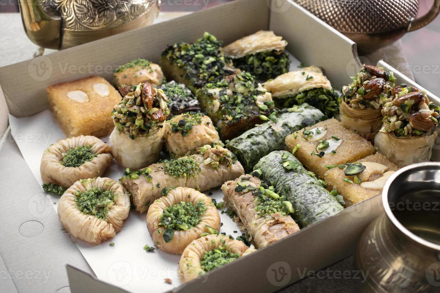 Fresh homemade Baklava middle eastern sweet dessert food pastry cakes photo