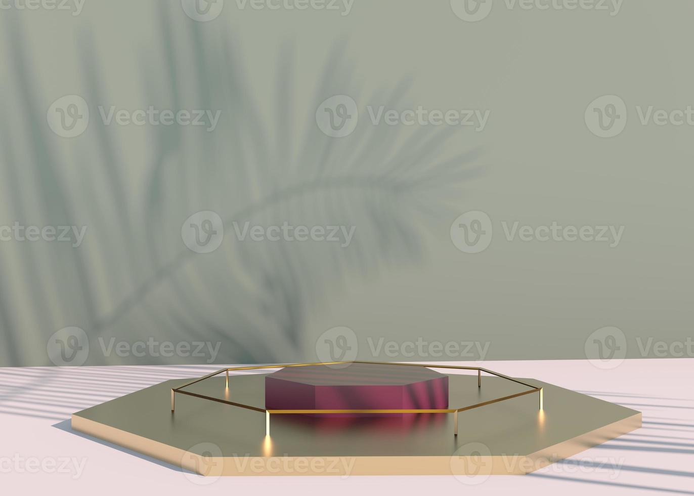 Podium with palm leaves shadows for cosmetic product presentation. Empty showcase pedestal backdrop mock up. 3d render. photo