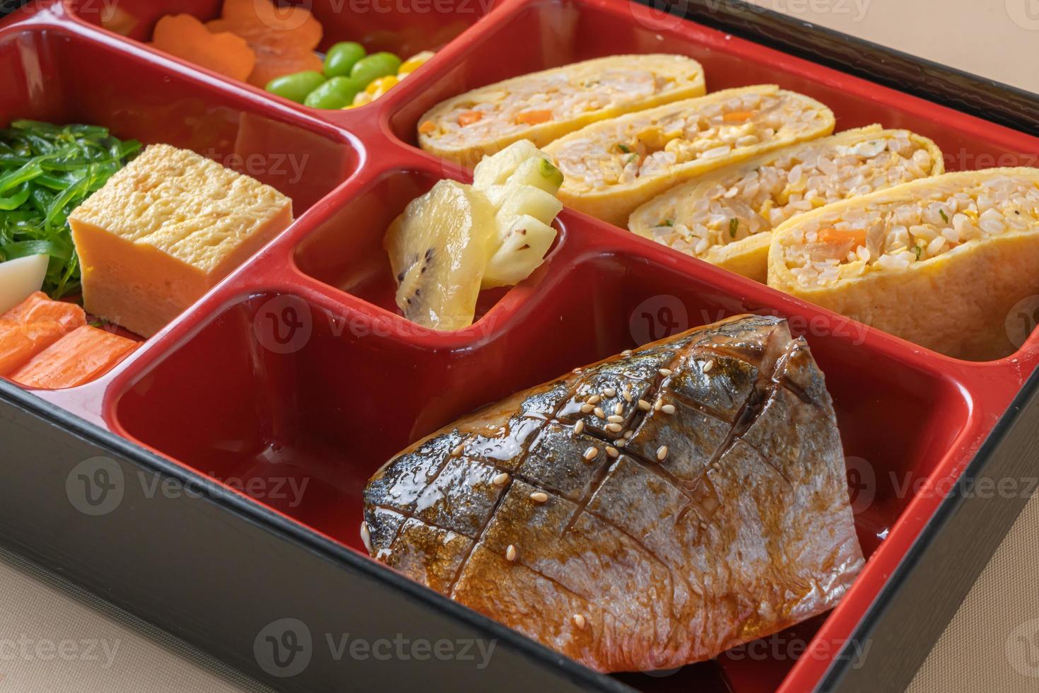grill mackerel saba fish with appetizer in bento set photo