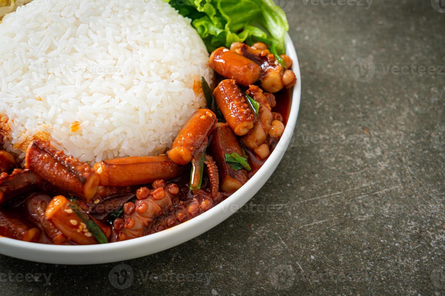 Stir-fried squid or octopus with Korean spicy sauce rice bowl photo