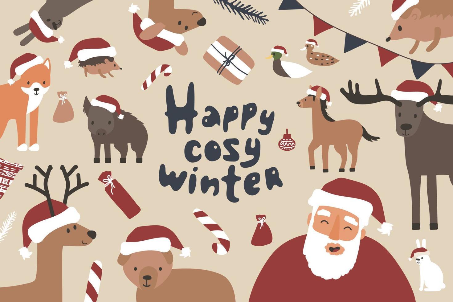 Funny hand drawn Christmas card of cute animals in Santa hats and happy Santa Claus. Vector illustration on beige background