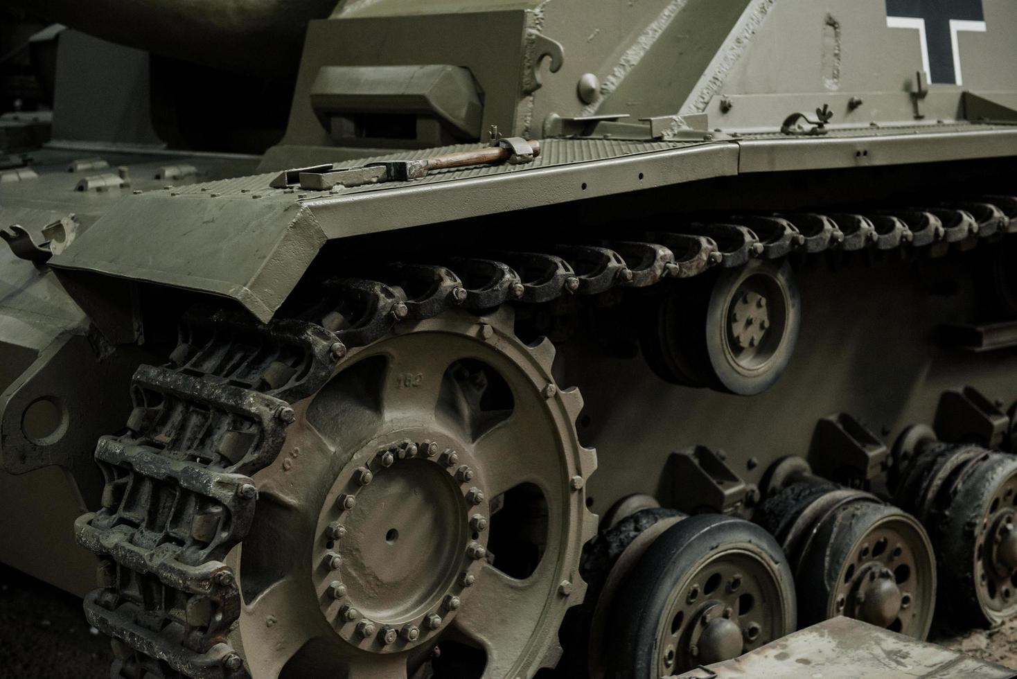 SINSHEIM, GERMANY - OCTOBER 16, 2018 Technik Museum. Caterpillar vehicle. Close up photo of the old tank standing indoors at exhibition