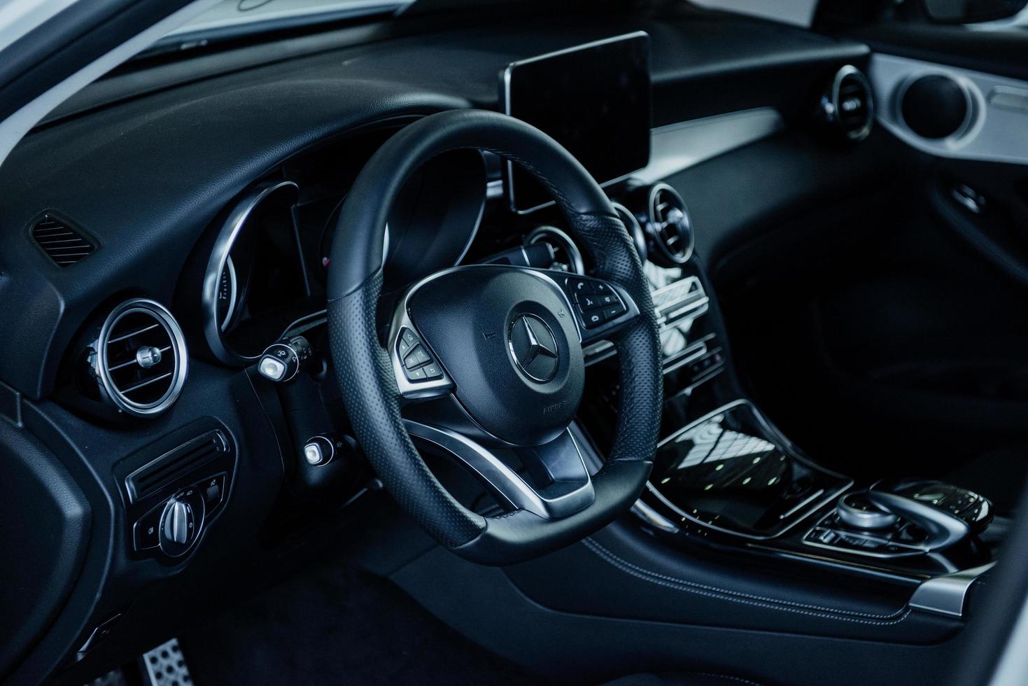 STUTTGART, GERMANY - OCTOBER 16, 2018 Mercedes Museum. Inside of brand new car with black interior photo