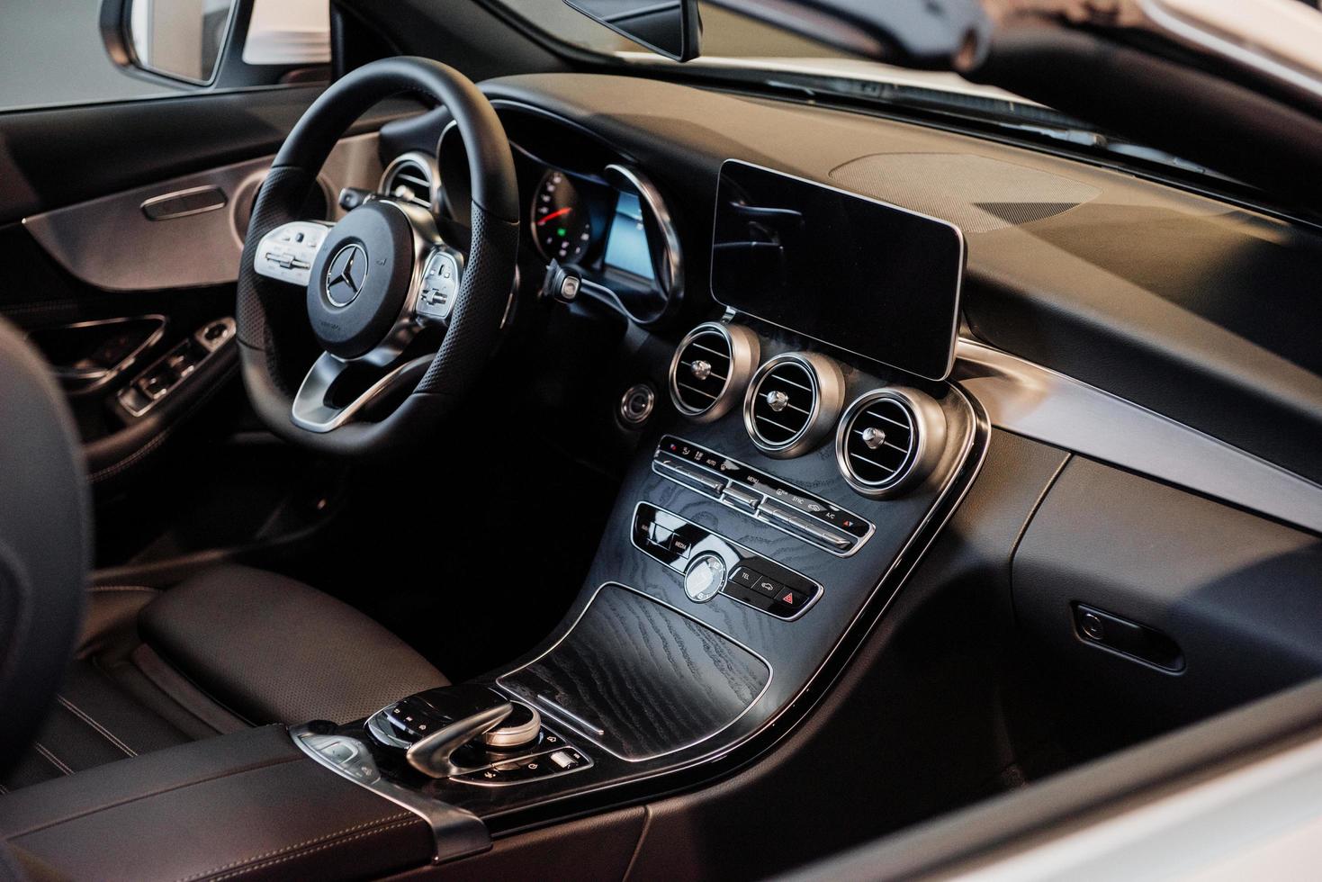 STUTTGART, GERMANY - OCTOBER 16, 2018 Mercedes Museum. Comfort costs money. Inside of brand new car with black interior photo