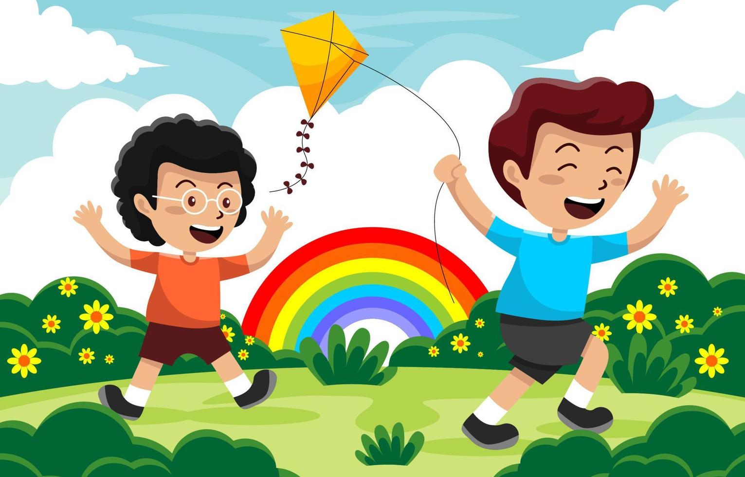 Kids Playing Kites in the Field vector