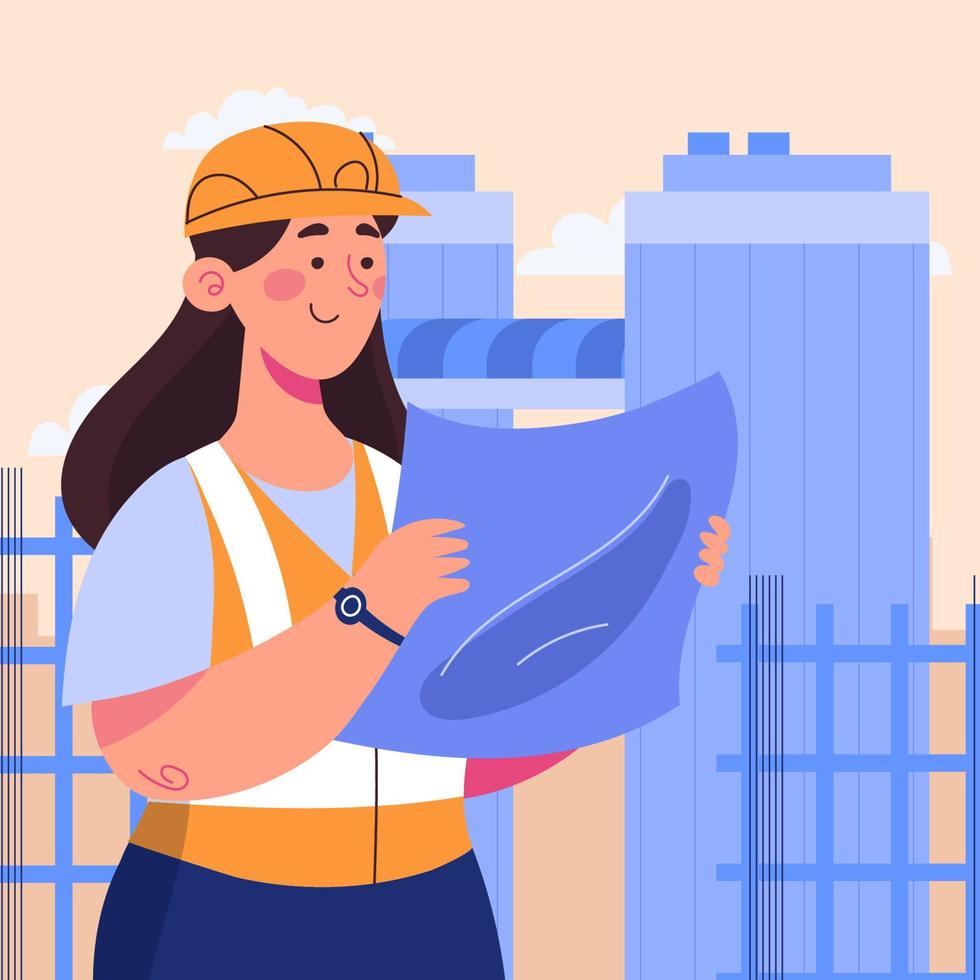 mujer verifica el plano de construcción vector