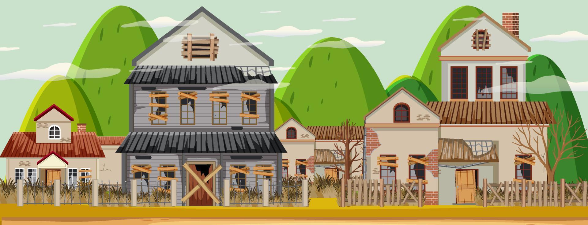 Abandon empty rural town with old broken house background vector