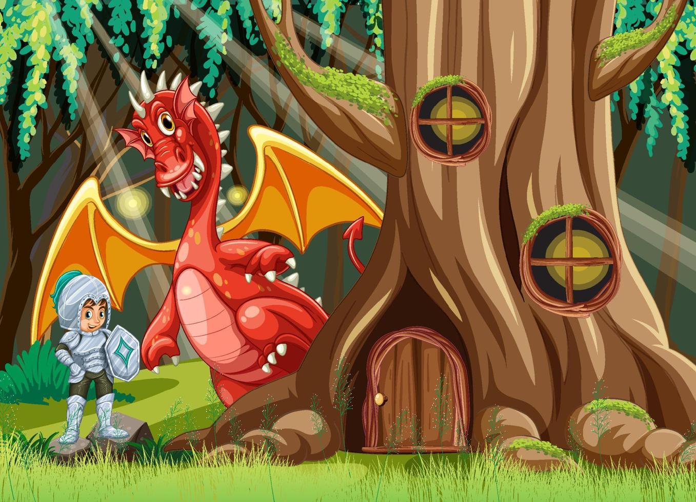 Cartoon dragon and knight in enchanted forest background vector