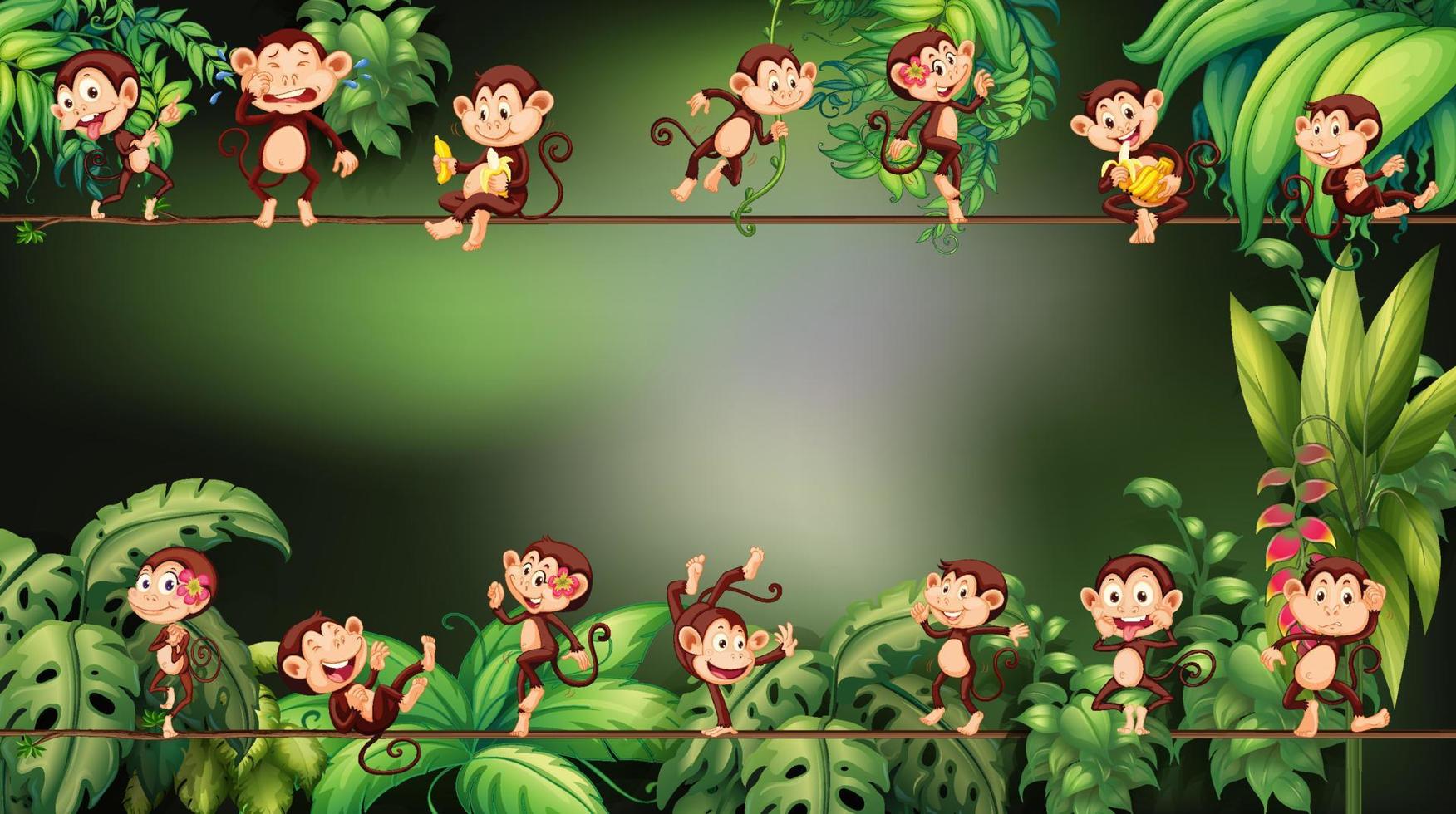 Different monkey on the rope with tropical leaf background vector