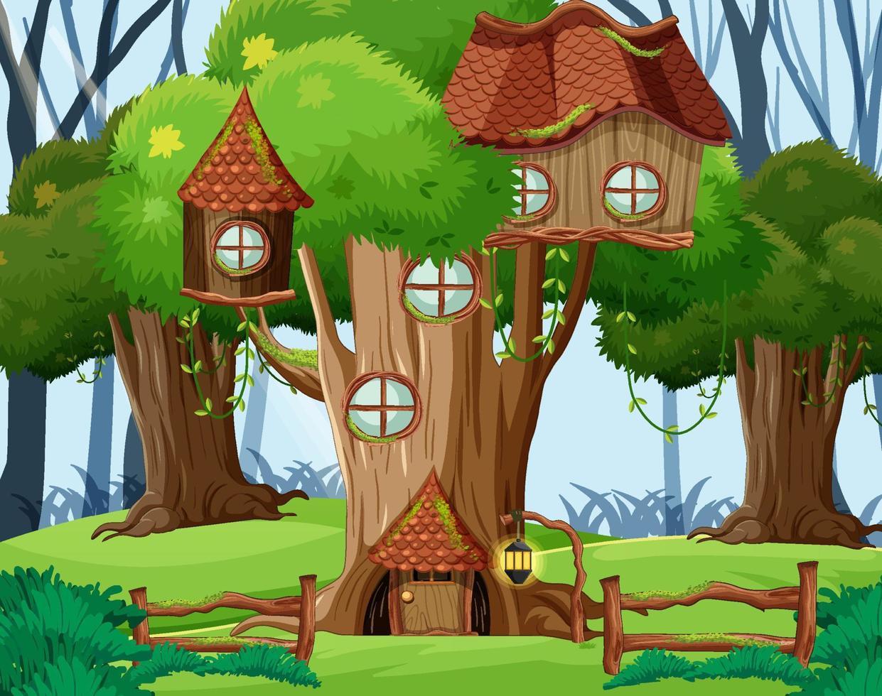 Fantasy forest scene with tree houses vector
