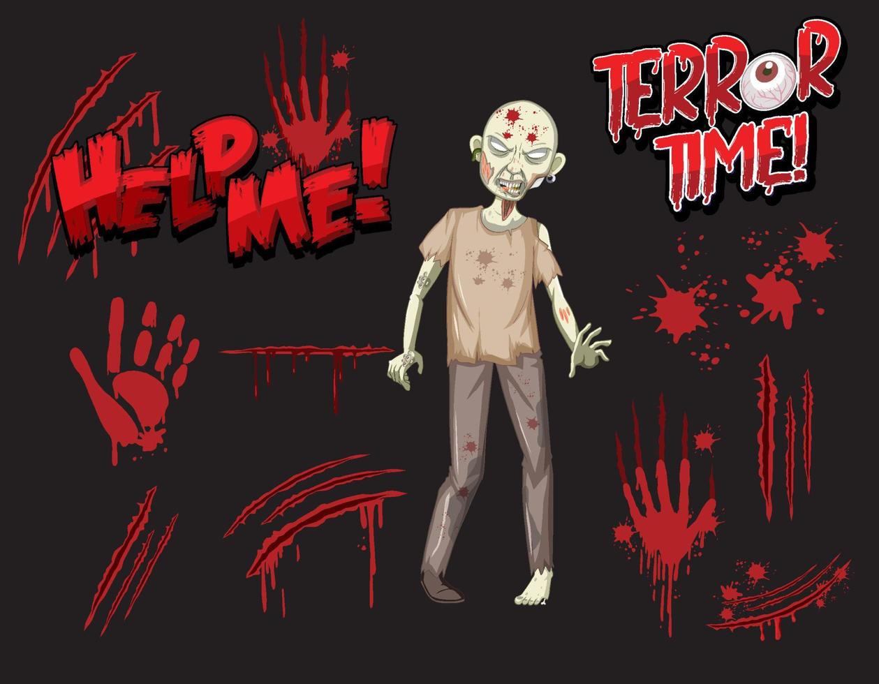 zombie con salpicaduras de sangre y huella de mano vector