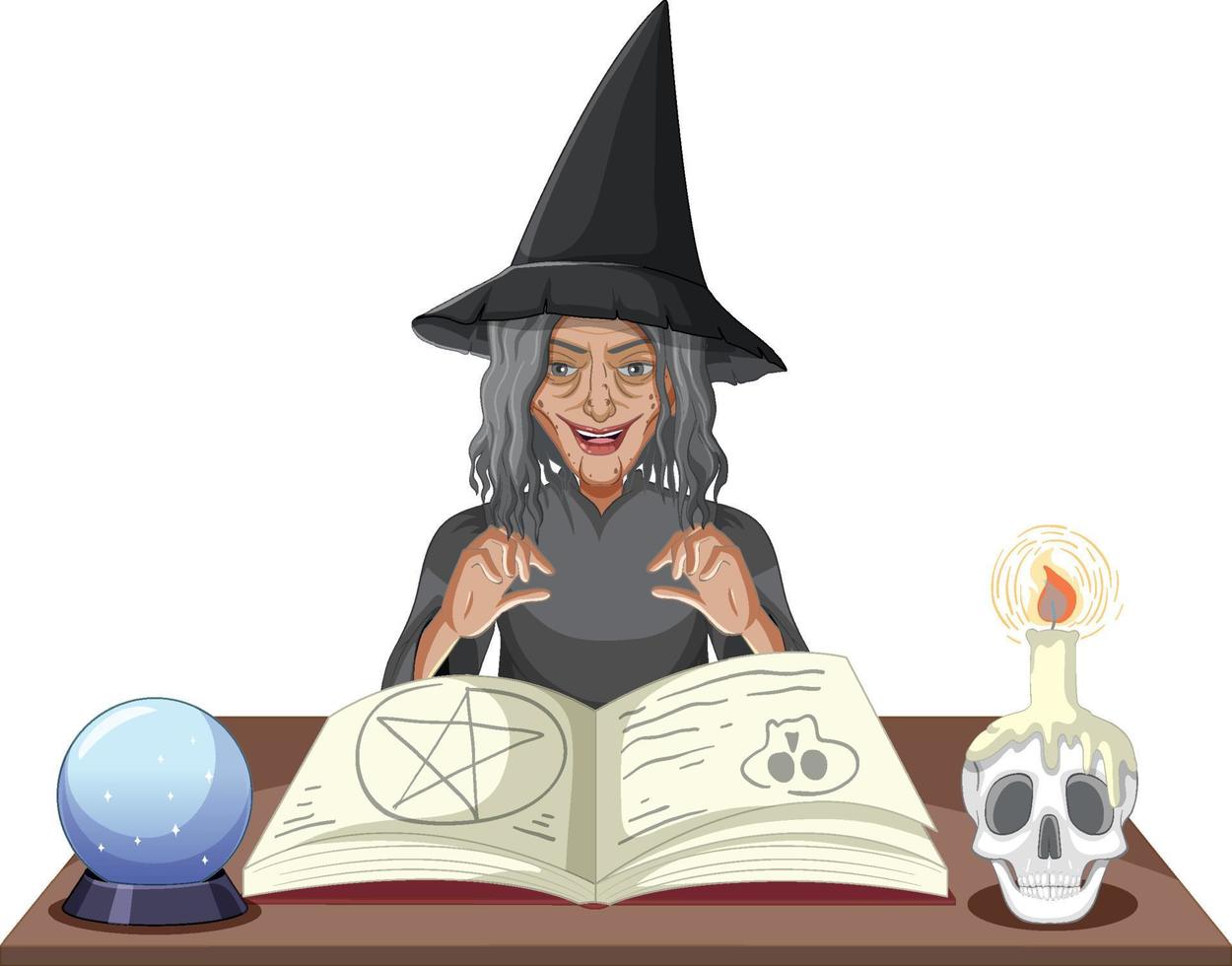 Wicked old witch with magic spell book vector