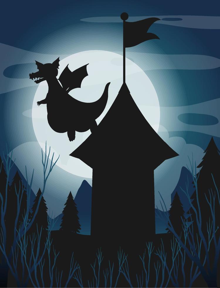 Silhouette castle and dragon with full moon background vector