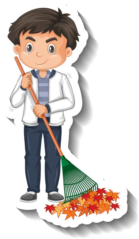 Boy raking leaves cartoon sticker on white background vector