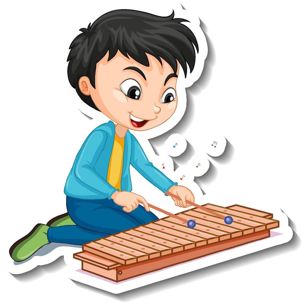 Diseño de pegatinas con un niño tocando el xilófono. vector