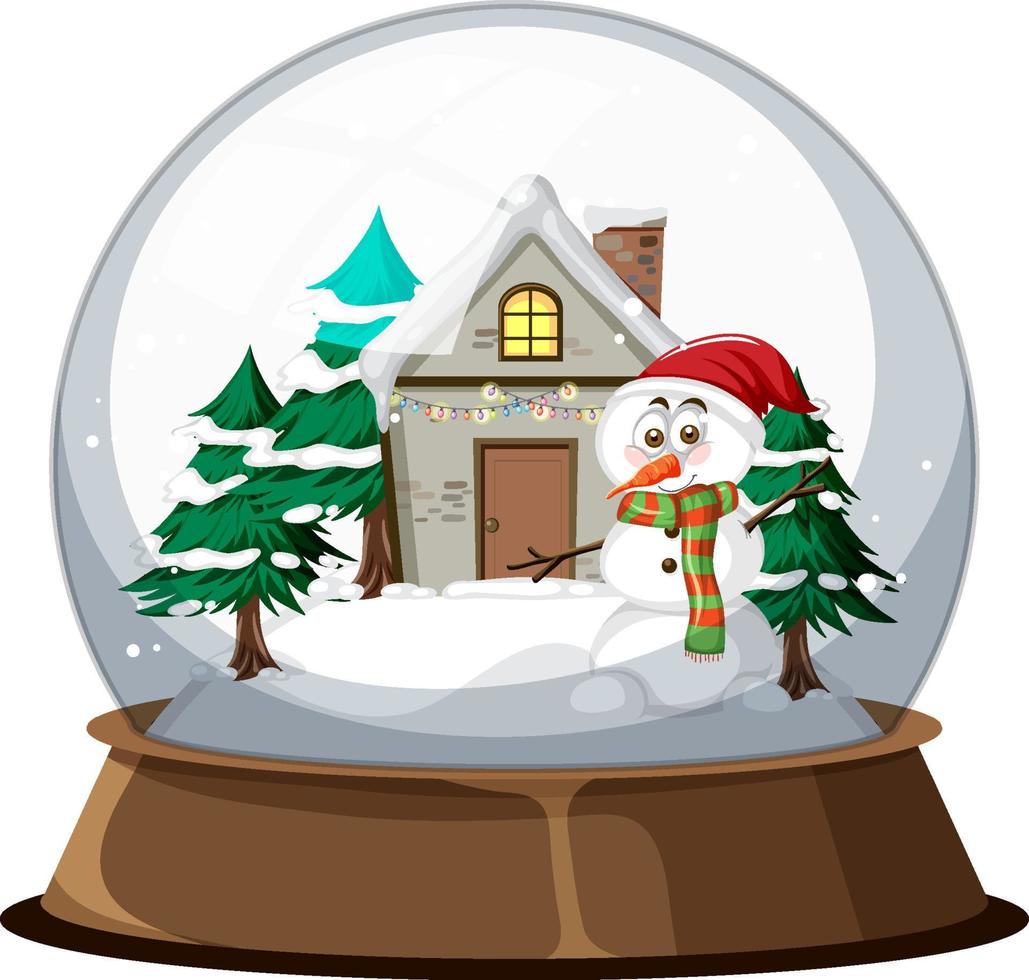 Winter house and snowman and tree in snowdome vector