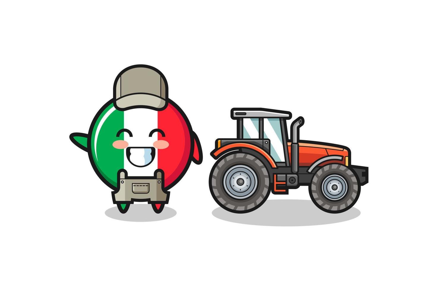 the italy flag farmer mascot standing beside a tractor vector