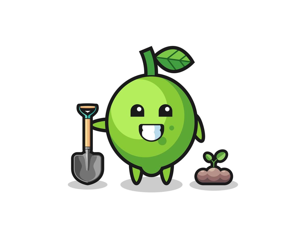 cute lime cartoon is planting a tree seed vector