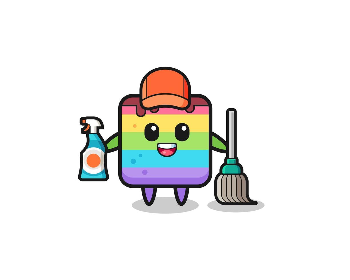 cute rainbow cake character as cleaning services mascot vector